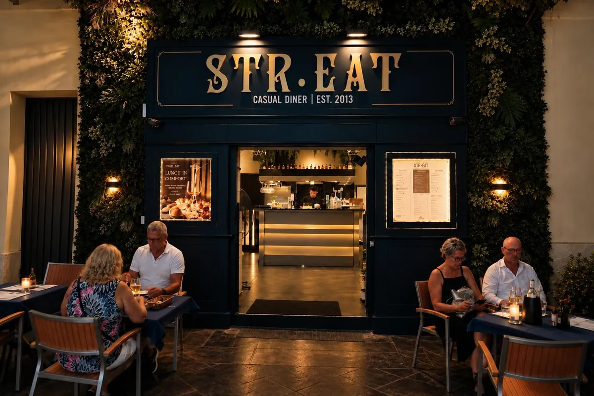 STR·EAT entrance on Old Theatre Street at night, gold letters above the door