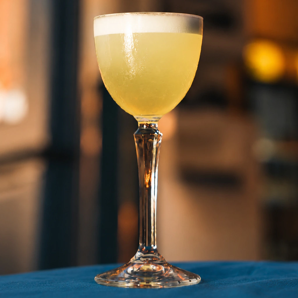 A yellow cocktail in a coupe glass at the STR·EAT terrace bar