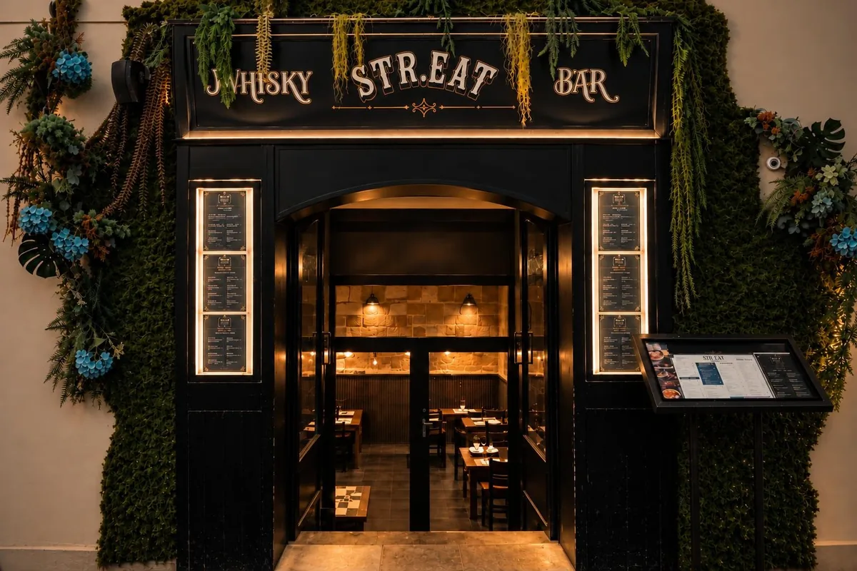 Whisky STR·EAT Bar entrance on Strait Street, black facade with living wall